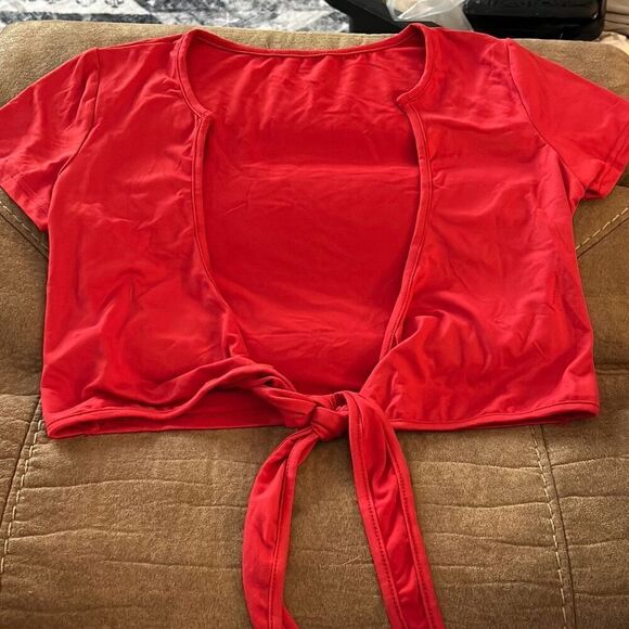 WearAll Womens Tie Up Crop Top Short Sleeve Stretch Open Top - Red - XS - NWOT - Picture 2 of 9